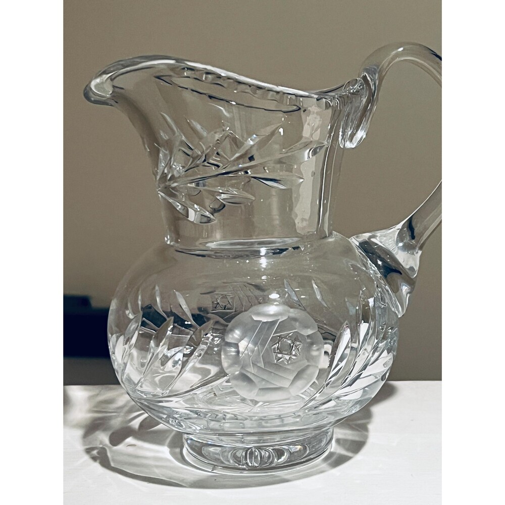 Vintage Cut Crystal Pitcher Heavy Floral Glass Creamer Cottage Decor